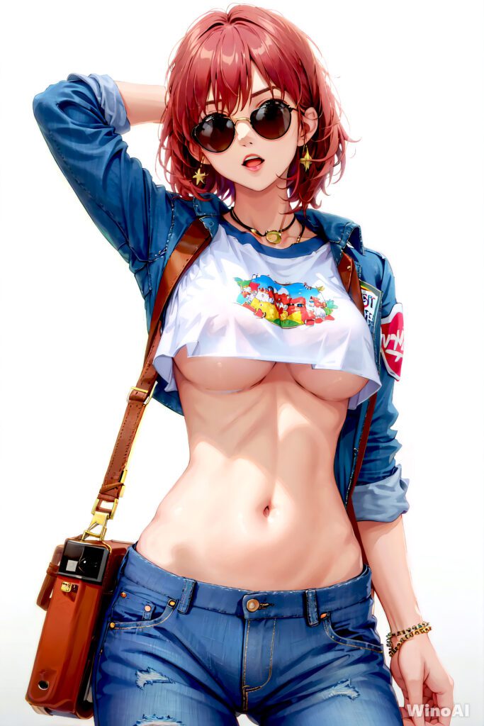 Sexy young anime woman wearing sunglasses and revealing cropped shirt showing underboob. AI-generated NSFW artwork by WinoAI using Stable Diffusion.
