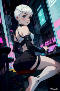 Pretty young anime tomboy Nova with short white hair in cyberpunk setting. AI-generated SFW artwork by WinoAI using Stable Diffusion.